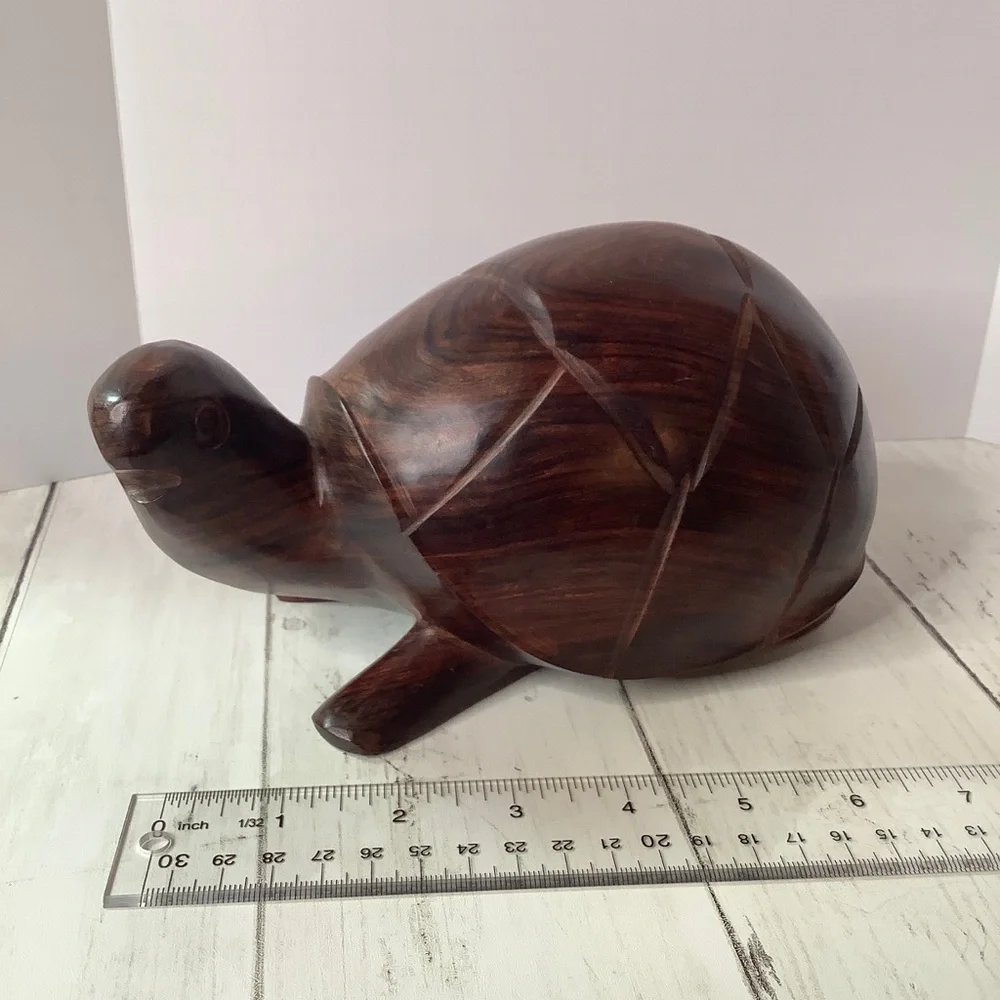 Vintage Handmade Wooden Turtle Statue Carved Wood Folk Art Animal Figurine